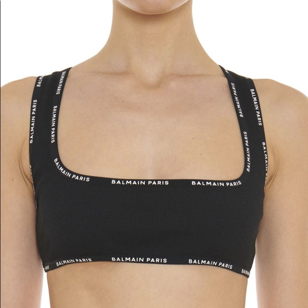 NIB BALMAIN logo bra bralette crossover black & white cotton athleisure XS Small